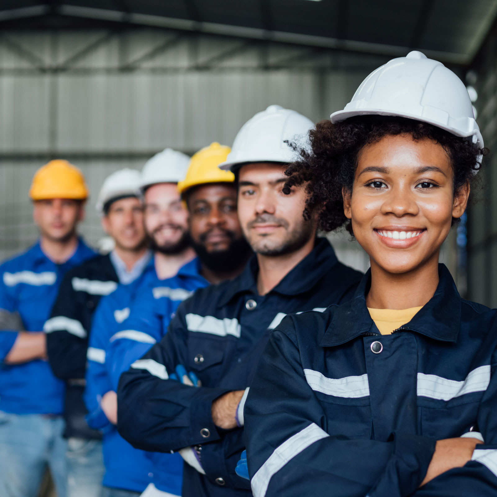 Maintenance and production teams stand together in a warehouse
